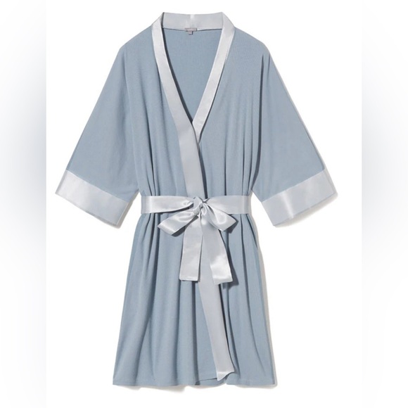 PJ HARLOW Shala Morn Blue Rib Knit Kimono Robe w/Satin Belt & Trim Size XS/S - Picture 1 of 7